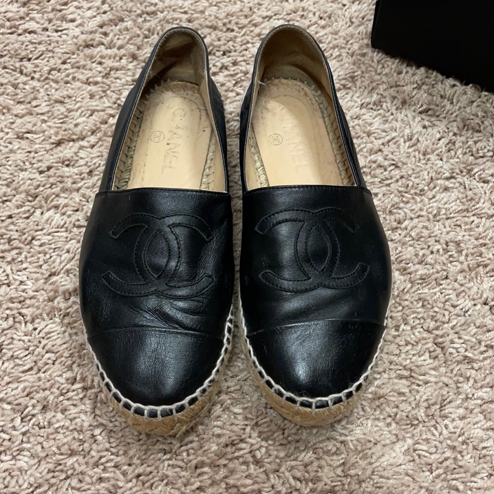CHANEL Black Leather Espadrilles